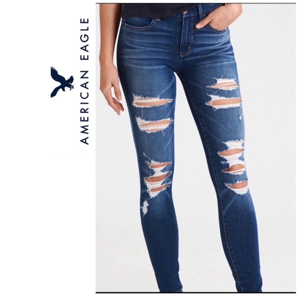 AEO Dream Jean Hi-Rise Jegging 0 Long Distressed Medium Wash